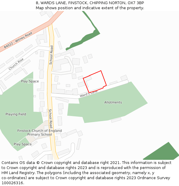 8, WARDS LANE, FINSTOCK, CHIPPING NORTON, OX7 3BP: Location map and indicative extent of plot