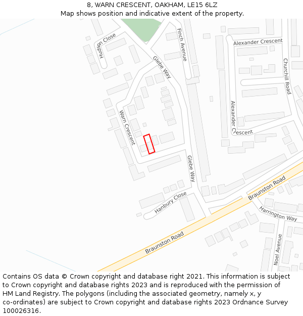 8, WARN CRESCENT, OAKHAM, LE15 6LZ: Location map and indicative extent of plot