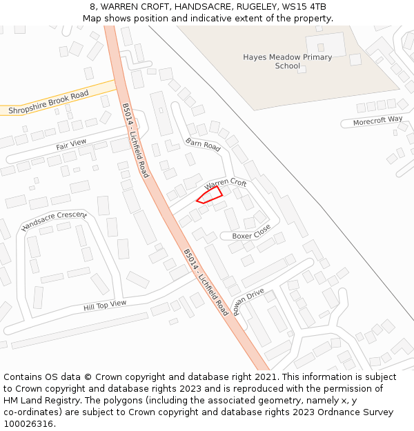 8, WARREN CROFT, HANDSACRE, RUGELEY, WS15 4TB: Location map and indicative extent of plot