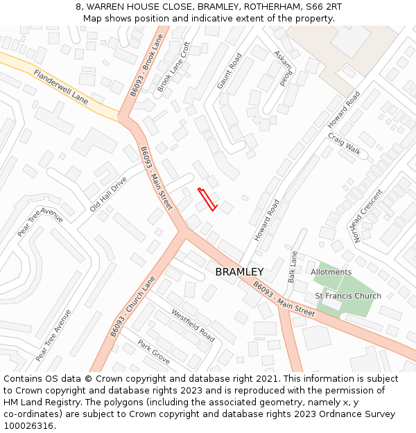 8, WARREN HOUSE CLOSE, BRAMLEY, ROTHERHAM, S66 2RT: Location map and indicative extent of plot