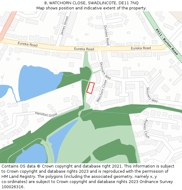 8, WATCHORN CLOSE, SWADLINCOTE, DE11 7NQ: Location map and indicative extent of plot
