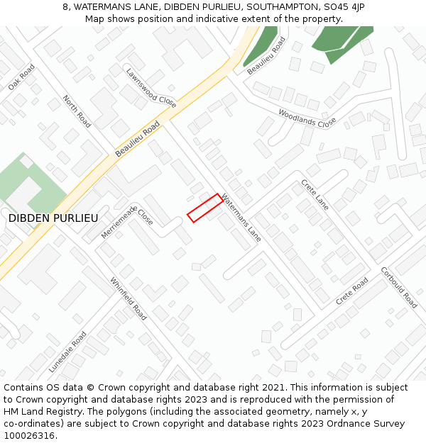 8, WATERMANS LANE, DIBDEN PURLIEU, SOUTHAMPTON, SO45 4JP: Location map and indicative extent of plot