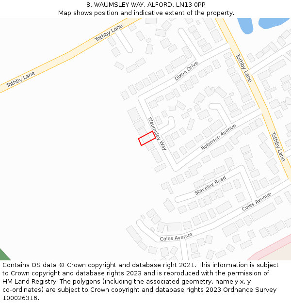 8, WAUMSLEY WAY, ALFORD, LN13 0PP: Location map and indicative extent of plot