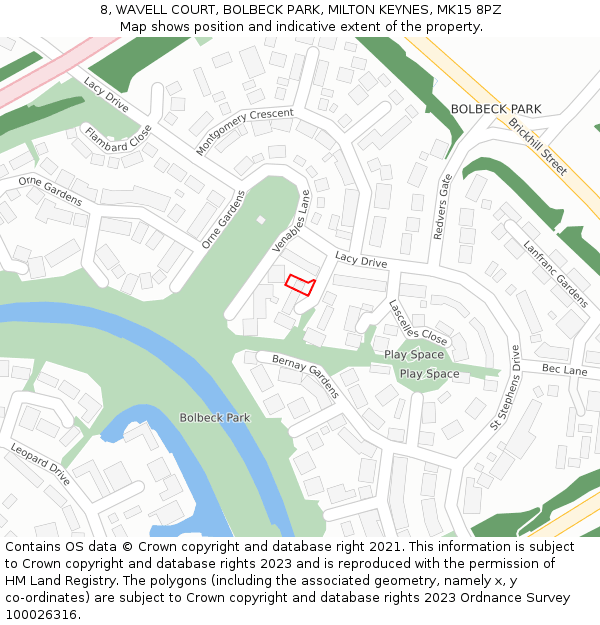 8, WAVELL COURT, BOLBECK PARK, MILTON KEYNES, MK15 8PZ: Location map and indicative extent of plot