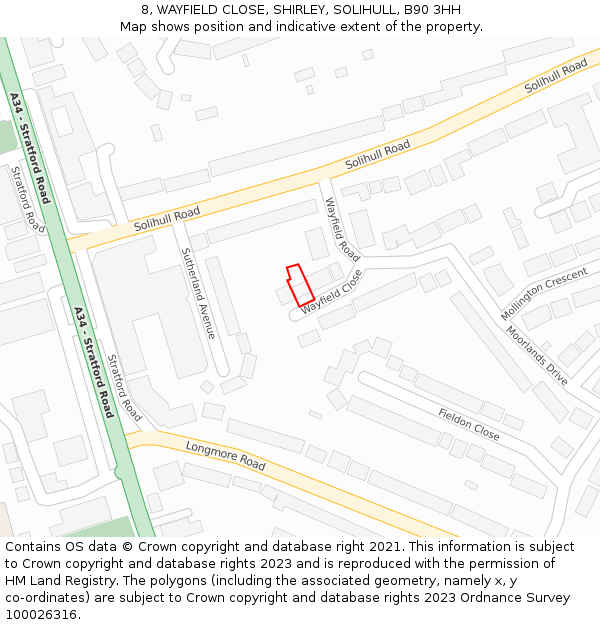 8, WAYFIELD CLOSE, SHIRLEY, SOLIHULL, B90 3HH: Location map and indicative extent of plot