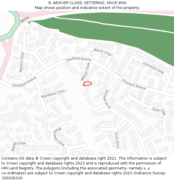 8, WEAVER CLOSE, KETTERING, NN16 9NN: Location map and indicative extent of plot