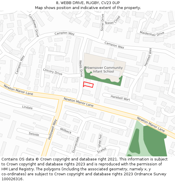 8, WEBB DRIVE, RUGBY, CV23 0UP: Location map and indicative extent of plot