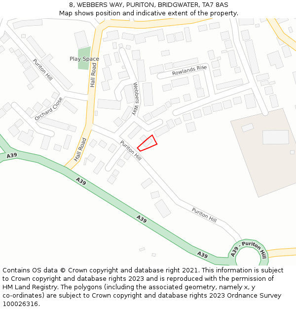 8, WEBBERS WAY, PURITON, BRIDGWATER, TA7 8AS: Location map and indicative extent of plot