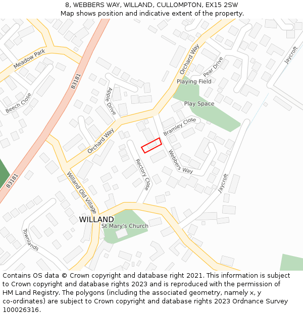 8, WEBBERS WAY, WILLAND, CULLOMPTON, EX15 2SW: Location map and indicative extent of plot