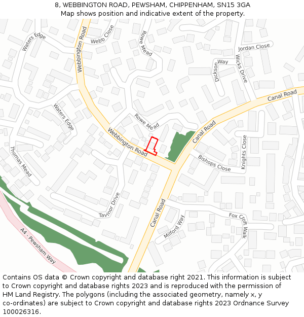 8, WEBBINGTON ROAD, PEWSHAM, CHIPPENHAM, SN15 3GA: Location map and indicative extent of plot