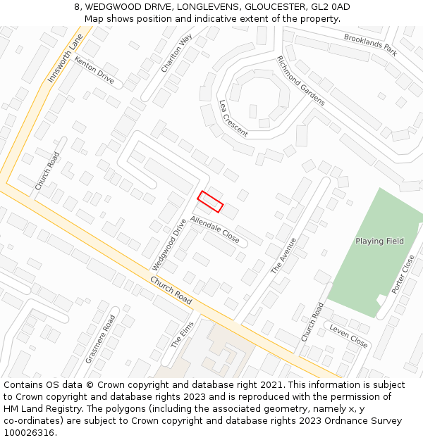 8, WEDGWOOD DRIVE, LONGLEVENS, GLOUCESTER, GL2 0AD: Location map and indicative extent of plot
