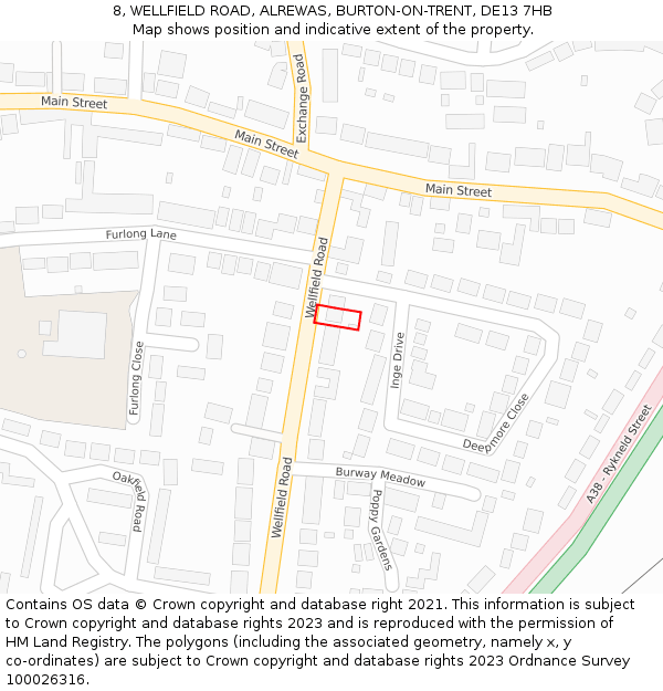 8, WELLFIELD ROAD, ALREWAS, BURTON-ON-TRENT, DE13 7HB: Location map and indicative extent of plot