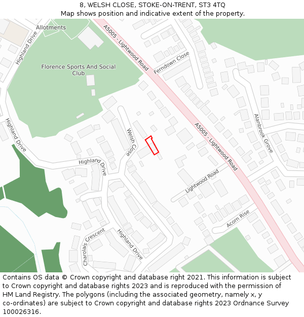 8, WELSH CLOSE, STOKE-ON-TRENT, ST3 4TQ: Location map and indicative extent of plot