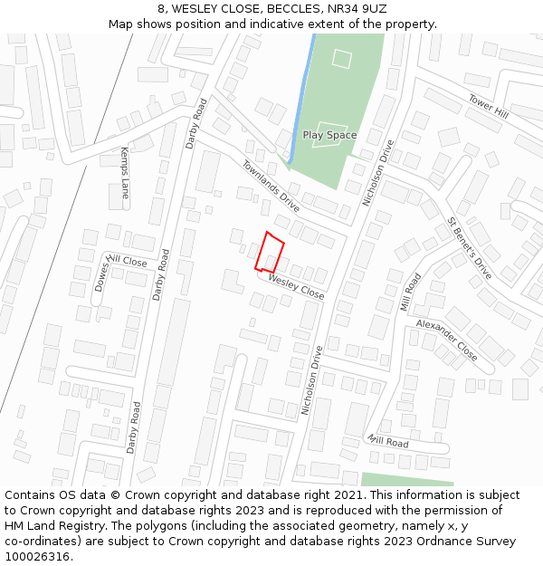 8, WESLEY CLOSE, BECCLES, NR34 9UZ: Location map and indicative extent of plot