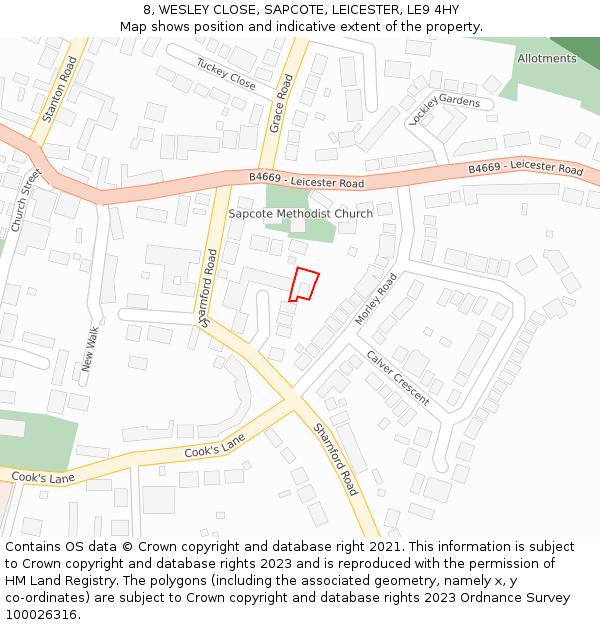 8, WESLEY CLOSE, SAPCOTE, LEICESTER, LE9 4HY: Location map and indicative extent of plot