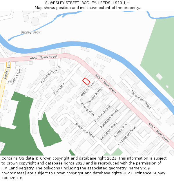 8, WESLEY STREET, RODLEY, LEEDS, LS13 1JH: Location map and indicative extent of plot