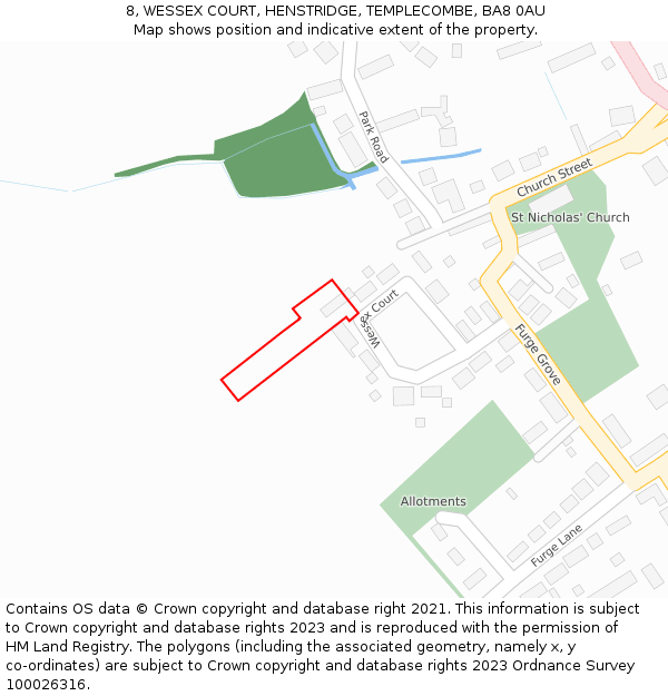 8, WESSEX COURT, HENSTRIDGE, TEMPLECOMBE, BA8 0AU: Location map and indicative extent of plot