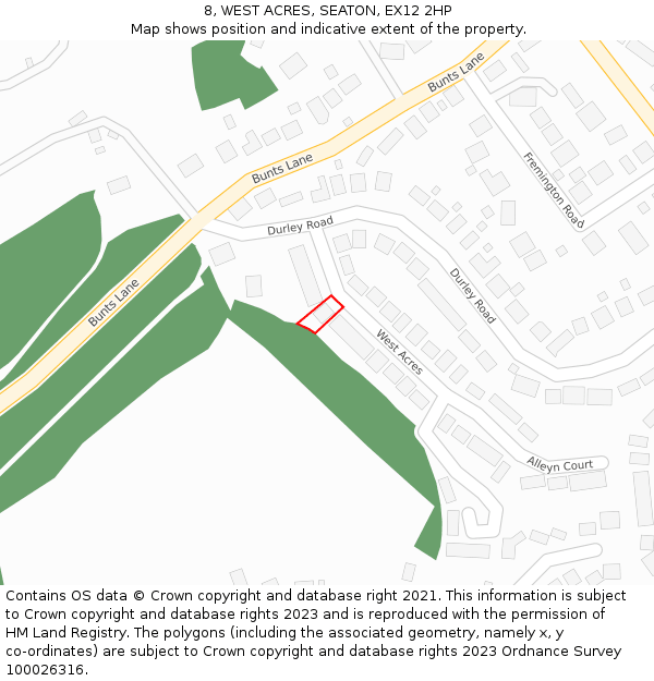 8, WEST ACRES, SEATON, EX12 2HP: Location map and indicative extent of plot