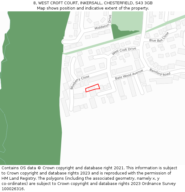 8, WEST CROFT COURT, INKERSALL, CHESTERFIELD, S43 3GB: Location map and indicative extent of plot