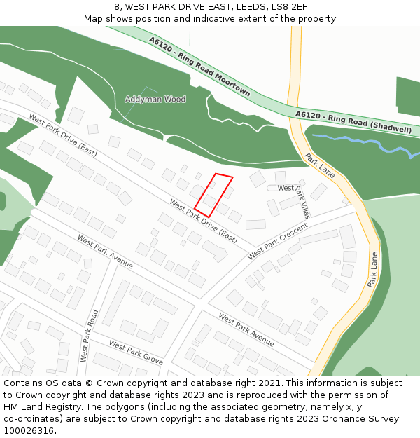 8, WEST PARK DRIVE EAST, LEEDS, LS8 2EF: Location map and indicative extent of plot