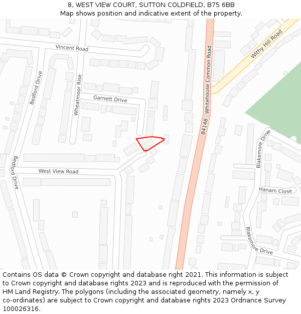 8, WEST VIEW COURT, SUTTON COLDFIELD, B75 6BB: Location map and indicative extent of plot