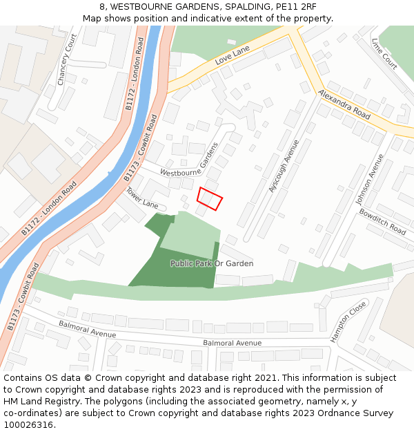 8, WESTBOURNE GARDENS, SPALDING, PE11 2RF: Location map and indicative extent of plot