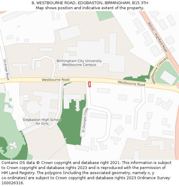 8, WESTBOURNE ROAD, EDGBASTON, BIRMINGHAM, B15 3TH: Location map and indicative extent of plot