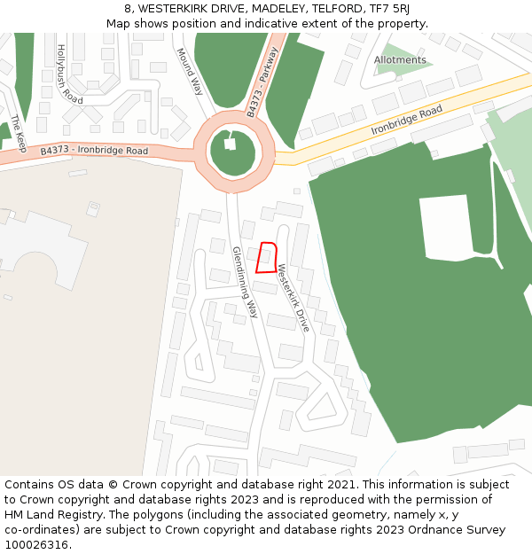 8, WESTERKIRK DRIVE, MADELEY, TELFORD, TF7 5RJ: Location map and indicative extent of plot