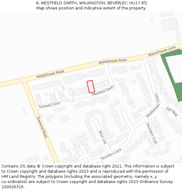 8, WESTFIELD GARTH, WALKINGTON, BEVERLEY, HU17 8TJ: Location map and indicative extent of plot