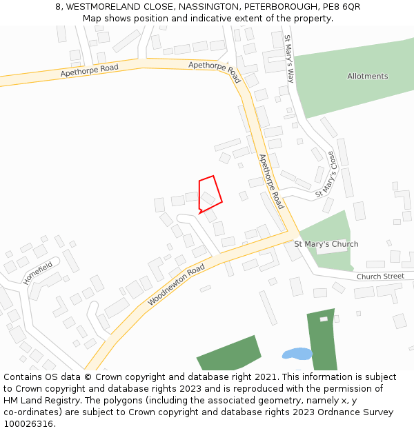 8, WESTMORELAND CLOSE, NASSINGTON, PETERBOROUGH, PE8 6QR: Location map and indicative extent of plot