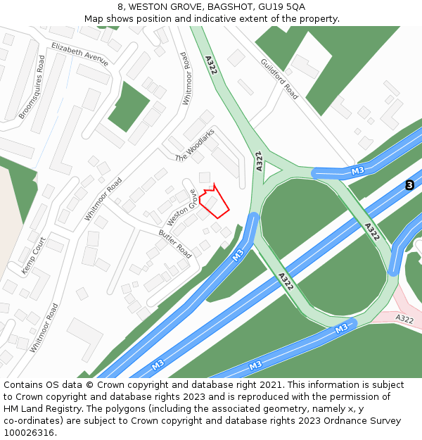 8, WESTON GROVE, BAGSHOT, GU19 5QA: Location map and indicative extent of plot
