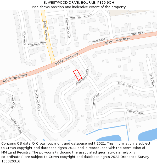 8, WESTWOOD DRIVE, BOURNE, PE10 9QH: Location map and indicative extent of plot