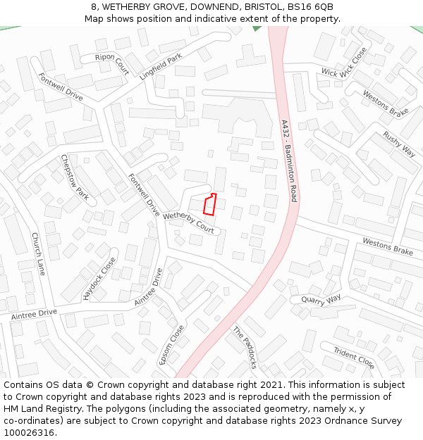 8, WETHERBY GROVE, DOWNEND, BRISTOL, BS16 6QB: Location map and indicative extent of plot