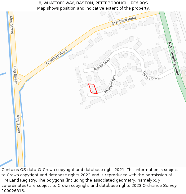 8, WHATTOFF WAY, BASTON, PETERBOROUGH, PE6 9QS: Location map and indicative extent of plot