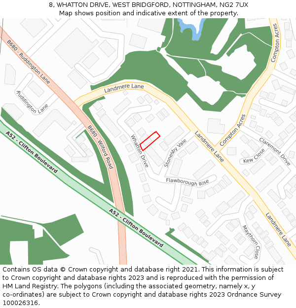 8, WHATTON DRIVE, WEST BRIDGFORD, NOTTINGHAM, NG2 7UX: Location map and indicative extent of plot