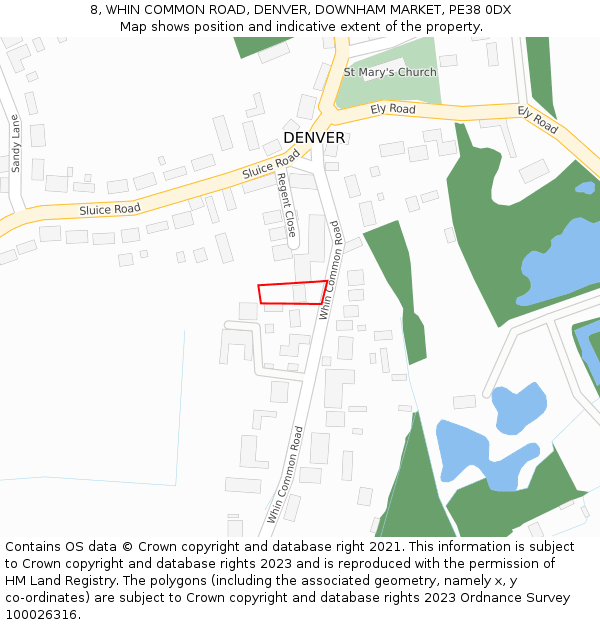 8, WHIN COMMON ROAD, DENVER, DOWNHAM MARKET, PE38 0DX: Location map and indicative extent of plot