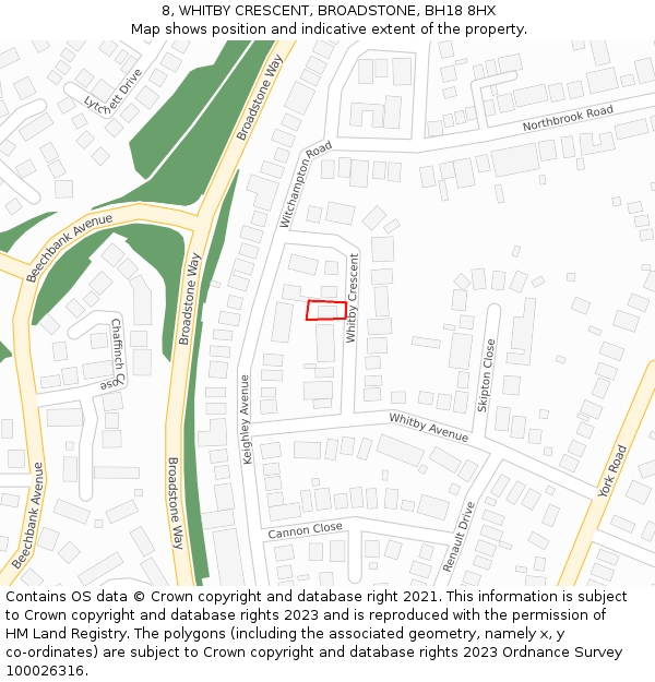 8, WHITBY CRESCENT, BROADSTONE, BH18 8HX: Location map and indicative extent of plot