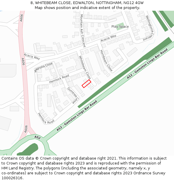 8, WHITEBEAM CLOSE, EDWALTON, NOTTINGHAM, NG12 4GW: Location map and indicative extent of plot