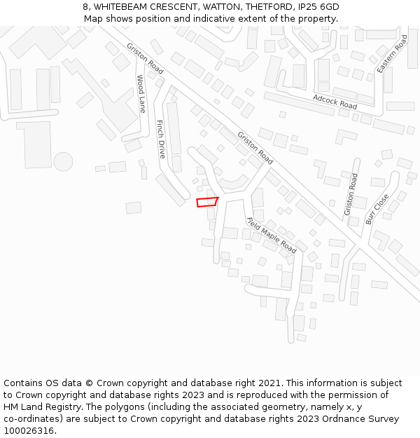 8, WHITEBEAM CRESCENT, WATTON, THETFORD, IP25 6GD: Location map and indicative extent of plot