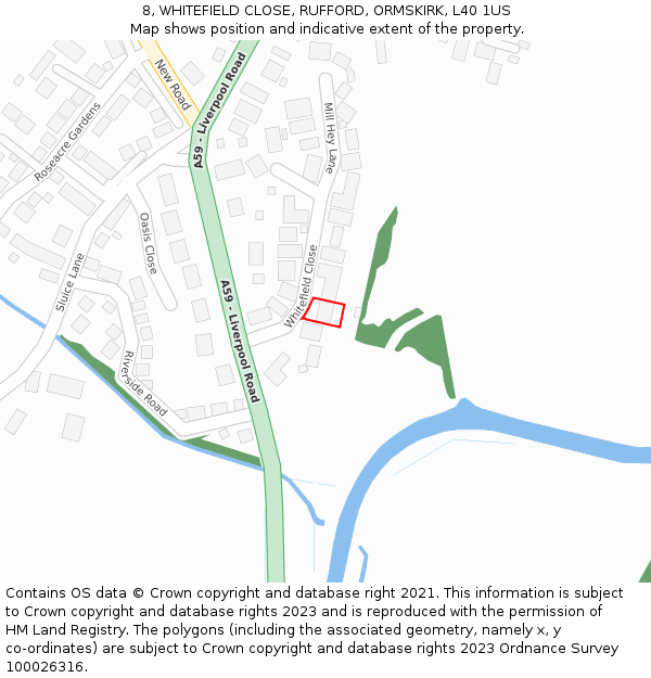 8, WHITEFIELD CLOSE, RUFFORD, ORMSKIRK, L40 1US: Location map and indicative extent of plot