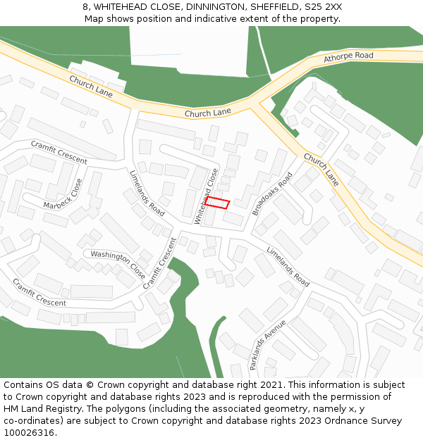 8, WHITEHEAD CLOSE, DINNINGTON, SHEFFIELD, S25 2XX: Location map and indicative extent of plot