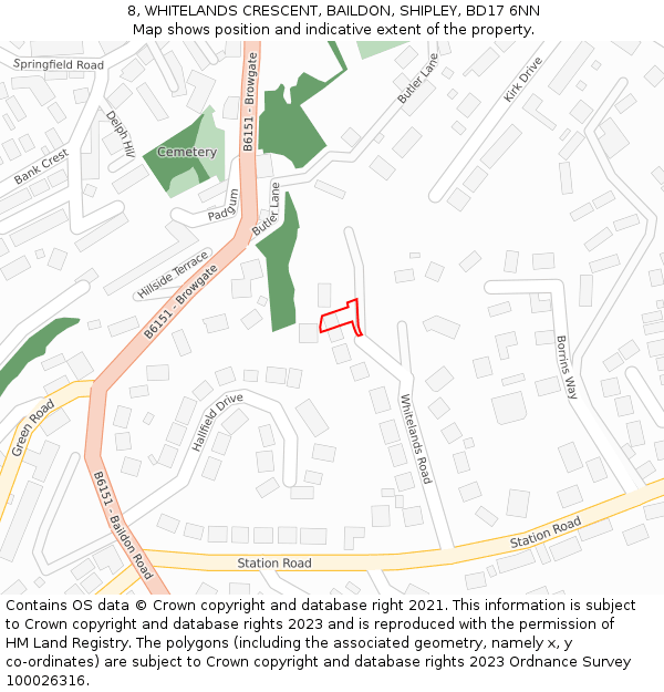 8, WHITELANDS CRESCENT, BAILDON, SHIPLEY, BD17 6NN: Location map and indicative extent of plot
