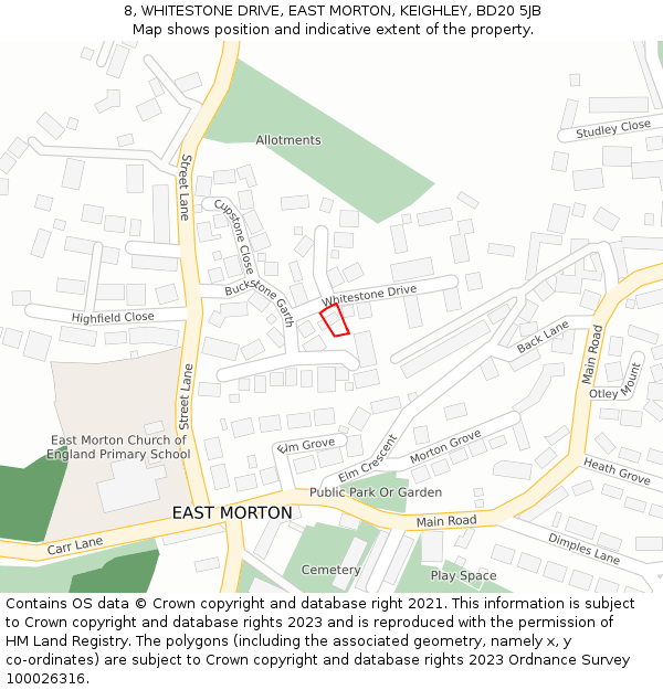 8, WHITESTONE DRIVE, EAST MORTON, KEIGHLEY, BD20 5JB: Location map and indicative extent of plot