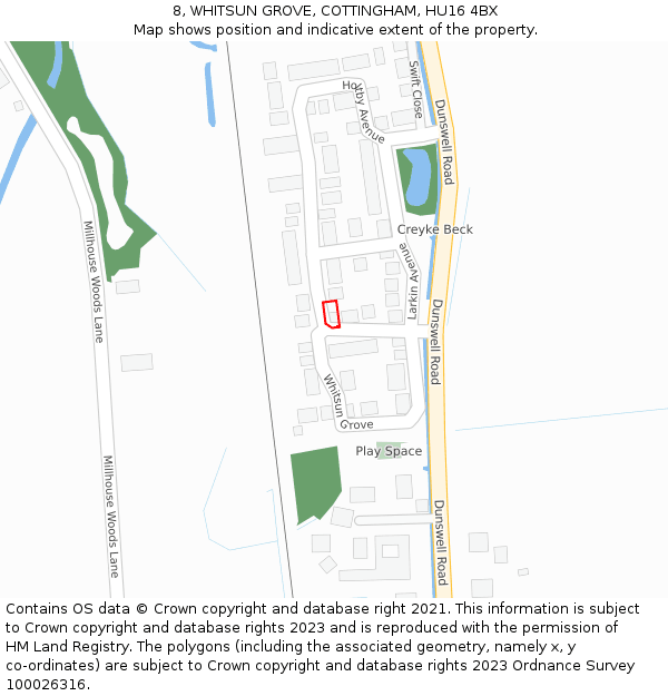 8, WHITSUN GROVE, COTTINGHAM, HU16 4BX: Location map and indicative extent of plot