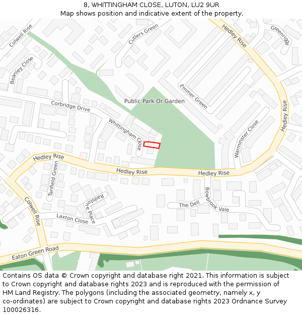 8, WHITTINGHAM CLOSE, LUTON, LU2 9UR: Location map and indicative extent of plot