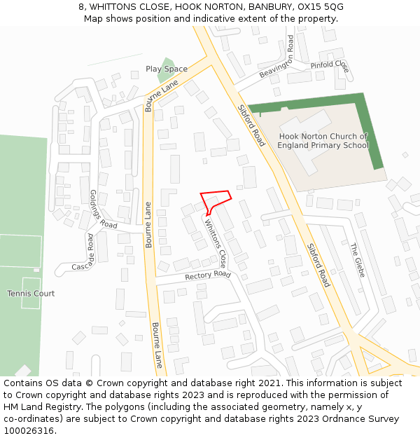 8, WHITTONS CLOSE, HOOK NORTON, BANBURY, OX15 5QG: Location map and indicative extent of plot