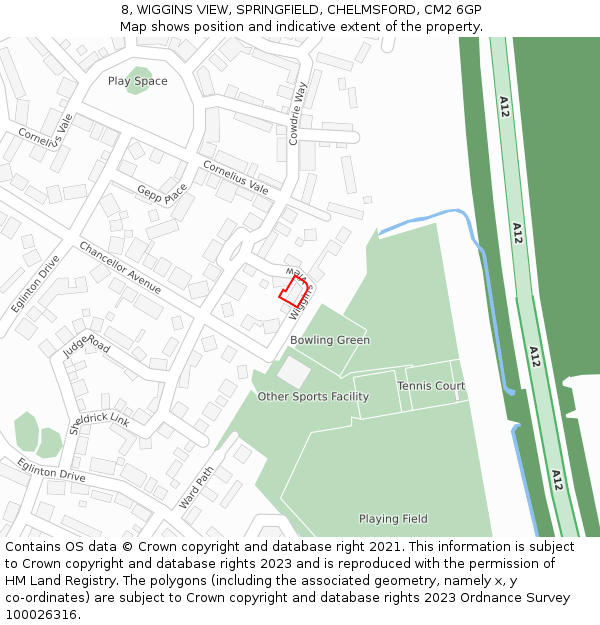 8, WIGGINS VIEW, SPRINGFIELD, CHELMSFORD, CM2 6GP: Location map and indicative extent of plot