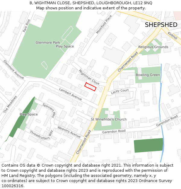 8, WIGHTMAN CLOSE, SHEPSHED, LOUGHBOROUGH, LE12 9NQ: Location map and indicative extent of plot