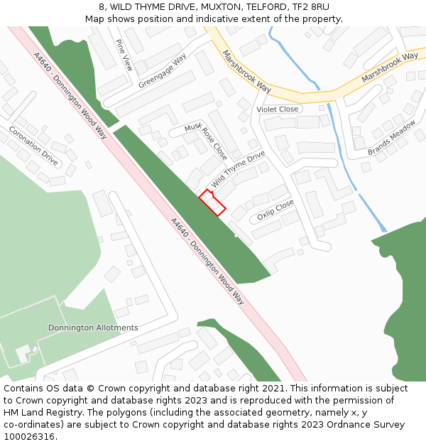 8, WILD THYME DRIVE, MUXTON, TELFORD, TF2 8RU: Location map and indicative extent of plot