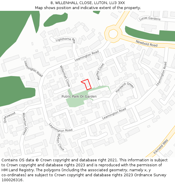 8, WILLENHALL CLOSE, LUTON, LU3 3XX: Location map and indicative extent of plot